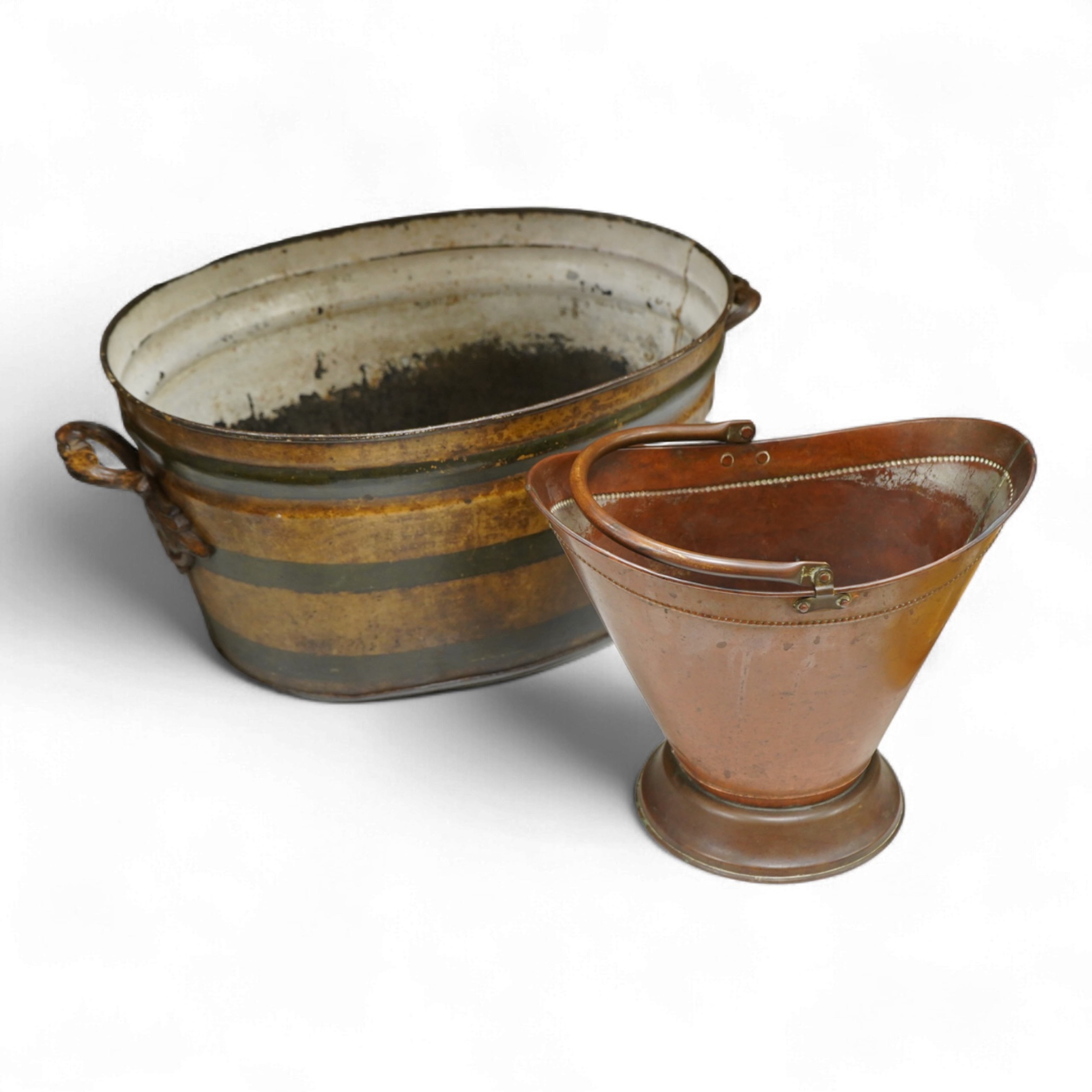 An oval toleware bin and another similar smaller bucket with swing handle, 48cm wide